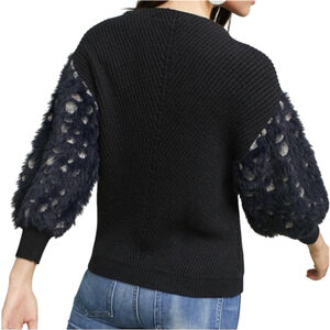 Women's Knitted & Knotted Black Grey Spotted Faux Fur Sleeve Crew Neck Sweater S